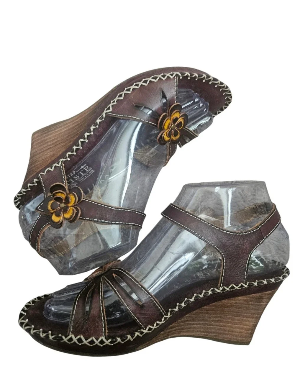 L'Artiste By Spring Step Brown Leather Wedge Sandals Women's 36 (6) Floral Boho